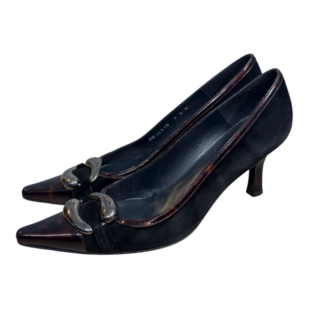 Stuart Weitzman Black Suede & Brown Tortoiseshell Leather Pointed Toe Heels